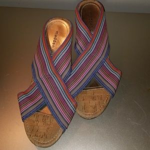 Madden Girl rainbow criss cross cork wedges
